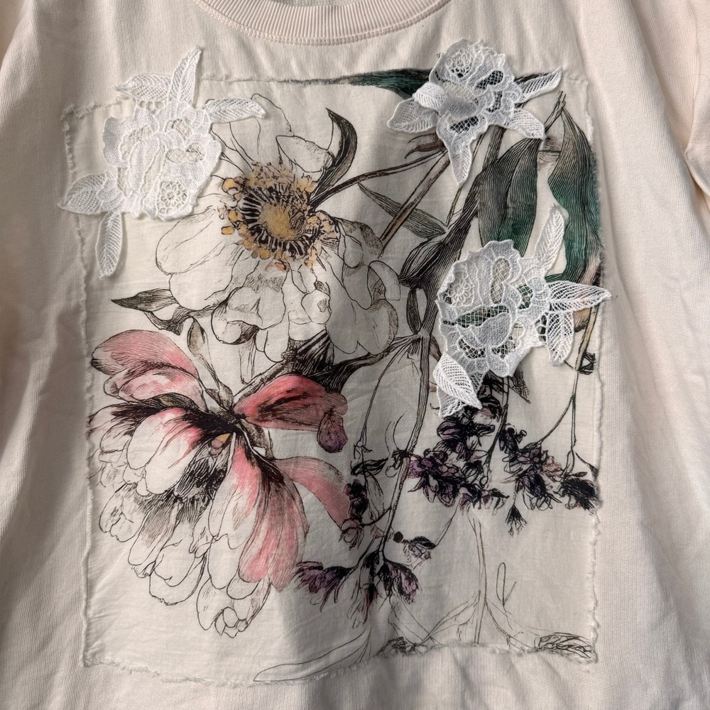 Anthropologie XLarge Sleeveless Sweatshirt Cream Sleeveless Floral Lace Applique - Picture 3 of 7